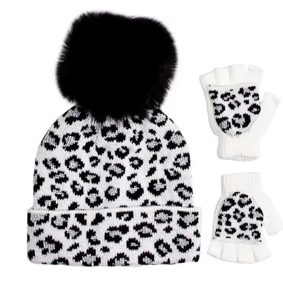 New! Love2Design Girls (4-6) Cheetah Knit Faux Fur Pom Hat and Gloves Set - Picture 1 of 3